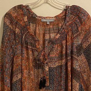 Daniel Rainn Womens Plus Size 2X Orange Green Sheer 3/4 Sleeve Tunic Top